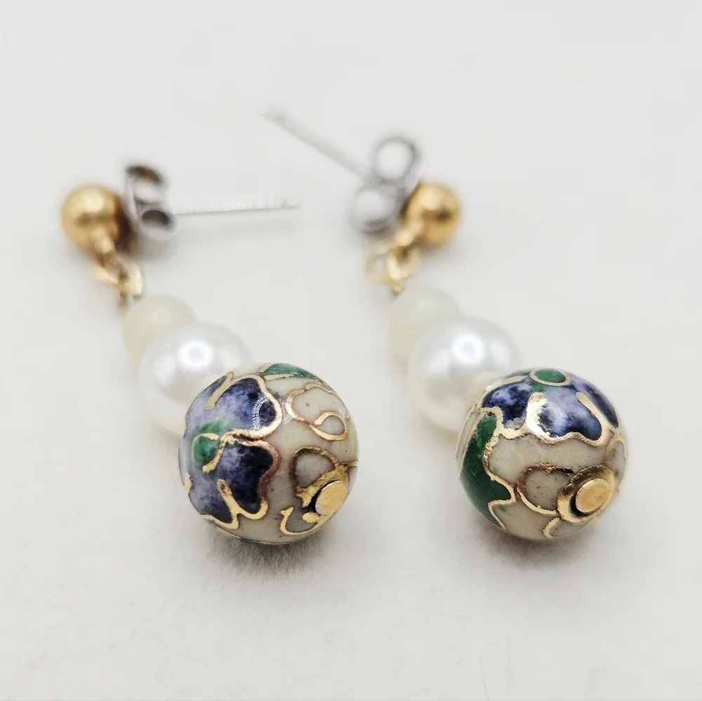 VINTAGE Cloisonne Blue Floral Beaded Dangle Earrings Post - Picture 2 of 4